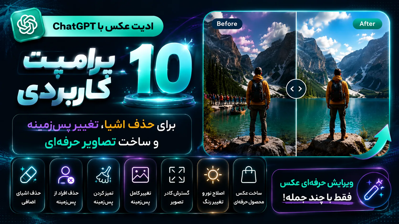 بنر ادیت عکس با ChatGPT؛ ۱۰ پرامپت کاربردی برای حذف اشیا، تغییر پس‌زمینه و ساخت تصاویر حرفه‌ای