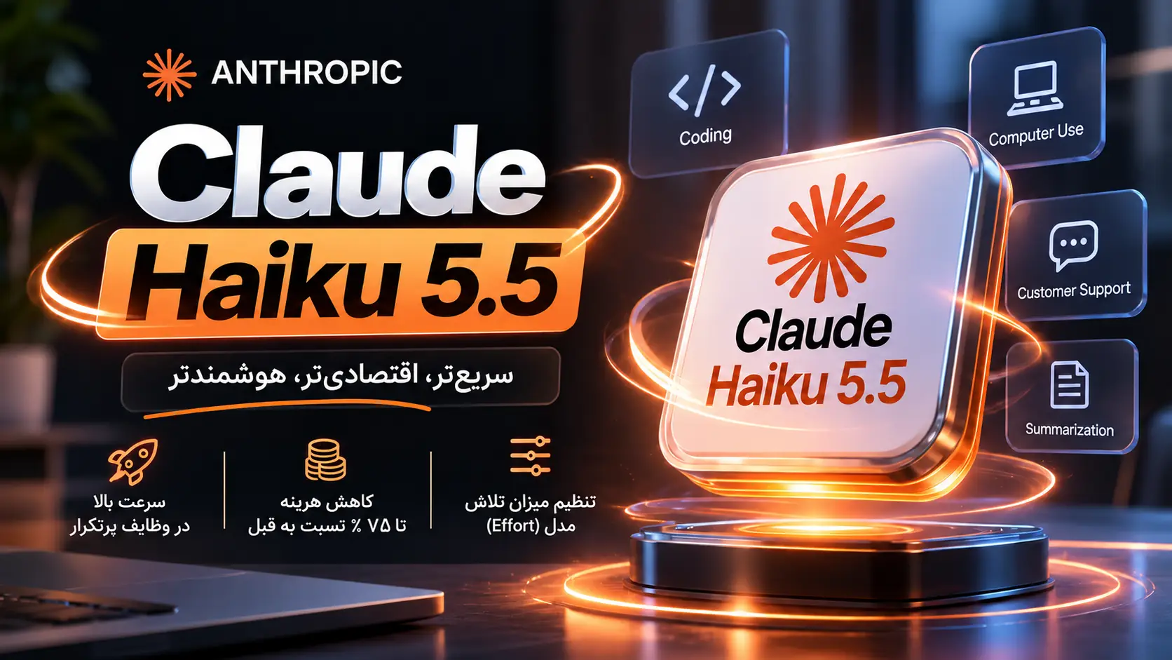 بنر معرفی Claude Haiku 5.5 با لوگوی Anthropic و نمایش قابلیت‌های سرعت بالا، کاهش هزینه تا ۷۵ درصد و تنظیم میزان تلاش مدل