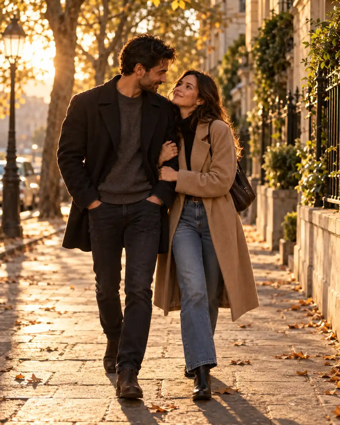 عکس عاشقانه دونفره هنگام قدم زدن در خیابان درخت‌کاری‌شده با نور طلایی غروب، ساخته‌شده با پرامپت ChatGPT