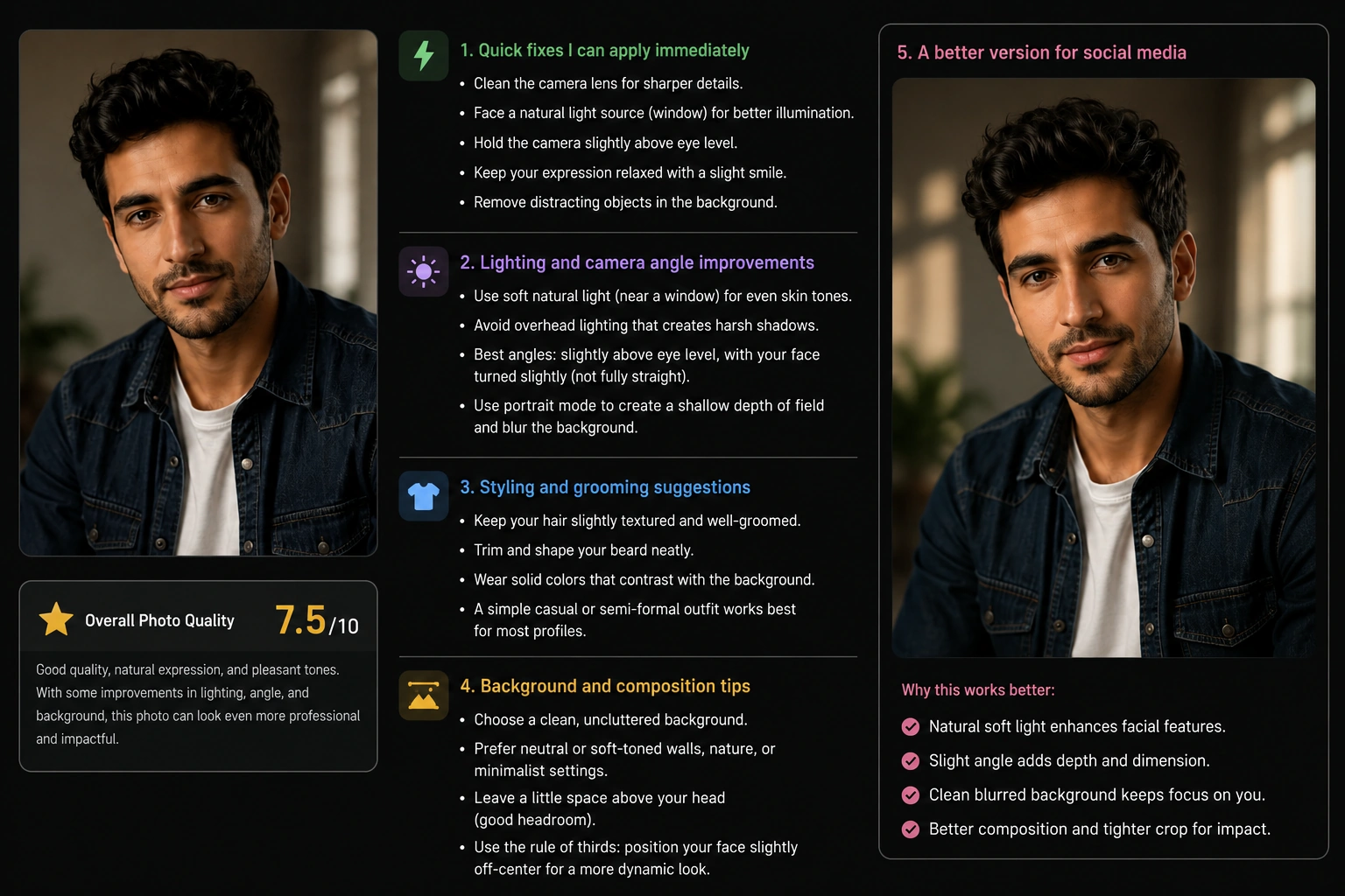 خروجی پرامپت تحلیل سلفی و پیشنهاد Glow Up