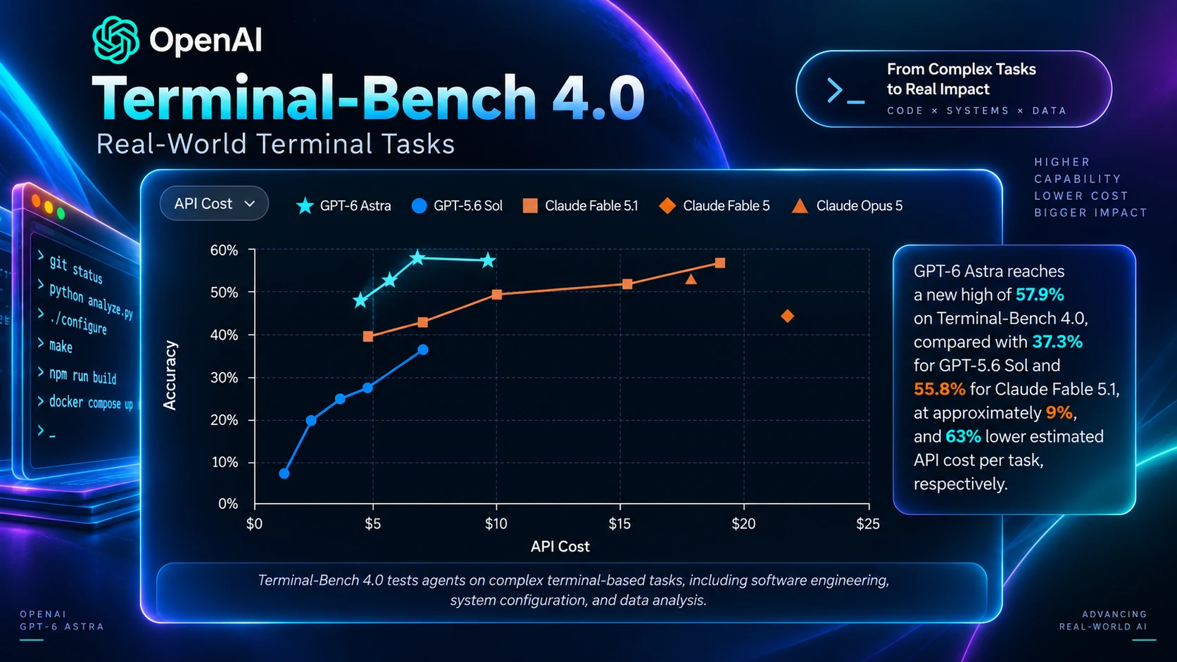 نمودار بنچمارک Terminal-Bench 4.0 و مقایسه GPT-6 Astra با GPT-5.6 Sol و مدل‌های Claude