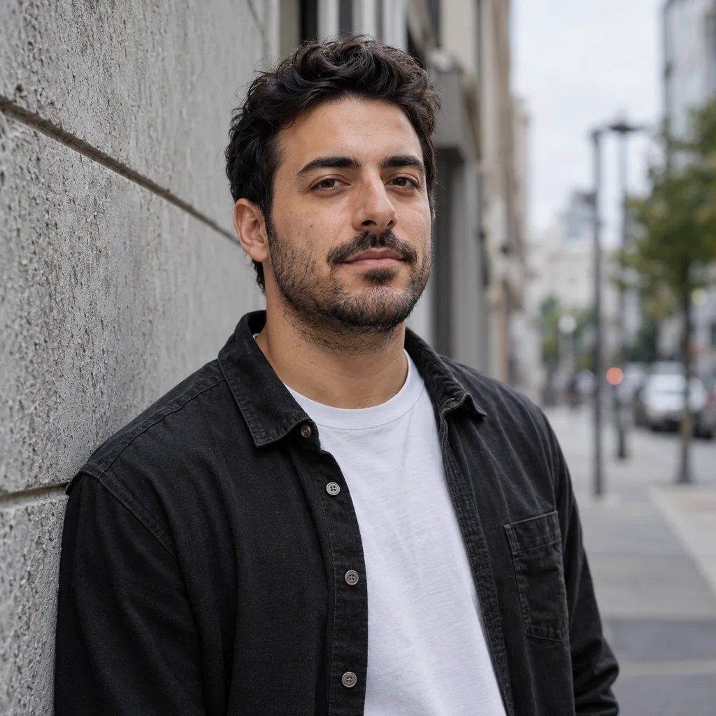عکس پروفایل مردانه خیابانی با پیراهن تیره و دیوار بتنی