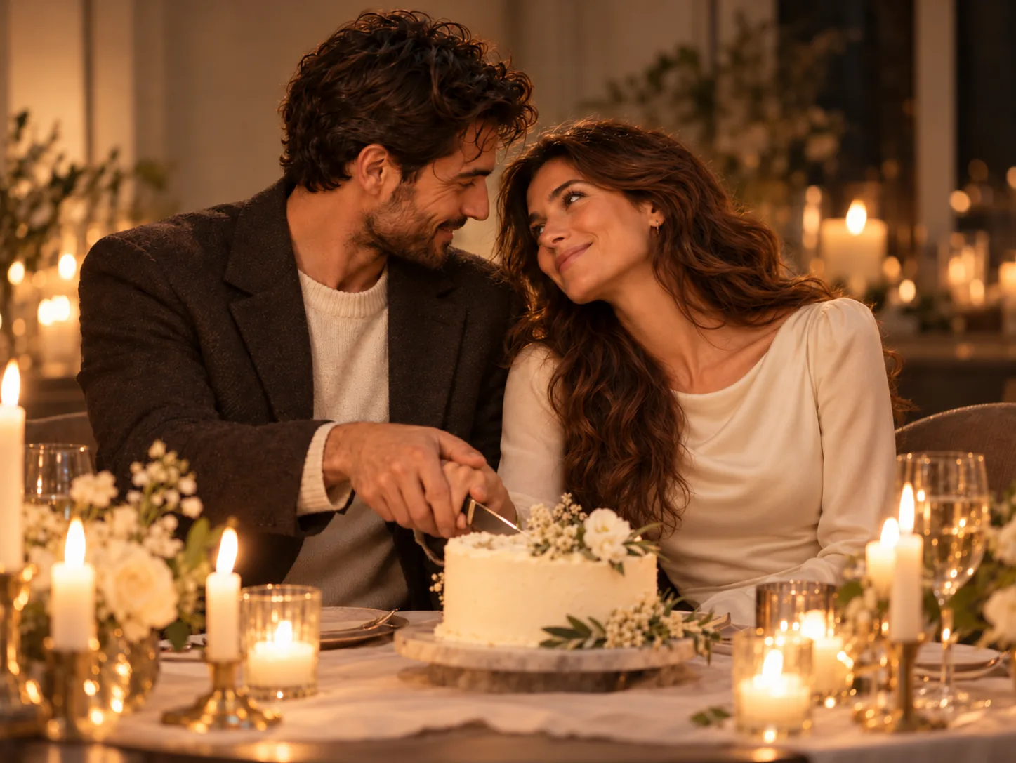 عکس عاشقانه دونفره هنگام برش کیک سالگرد با نور شمع، ساخته‌شده با ChatGPT