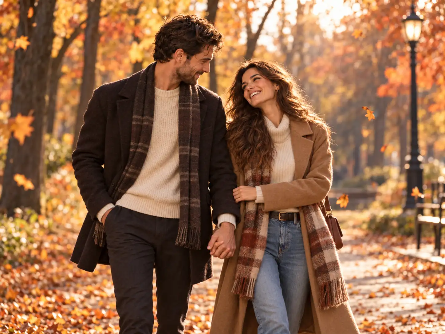 عکس عاشقانه دونفره در پارک پاییزی با برگ‌های رنگارنگ، ساخته‌شده با ChatGPT