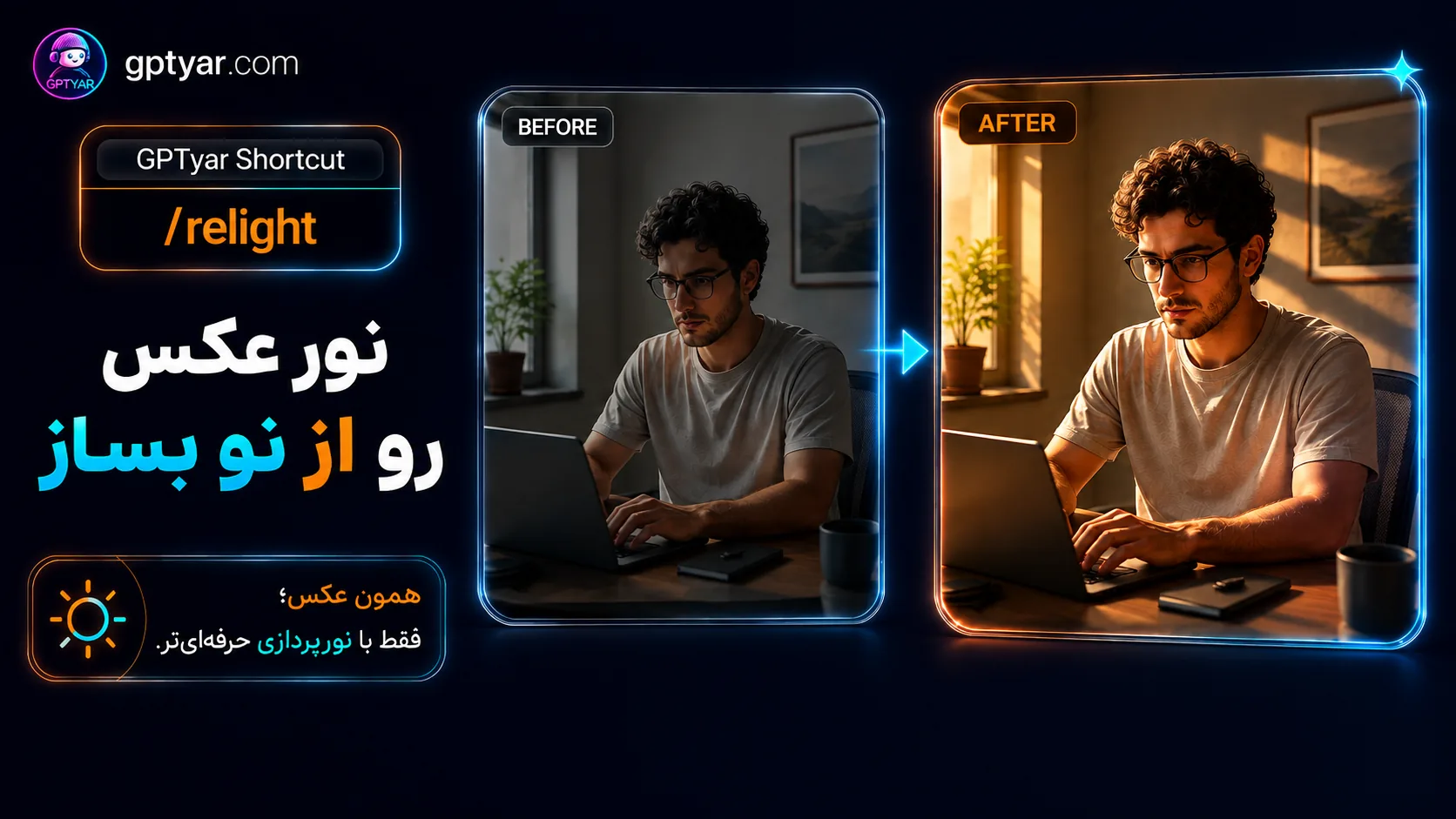 بنر معرفی قابلیت تغییر نور عکس با ChatGPT و دستور relight برای نورپردازی حرفه‌ای در GPTyar