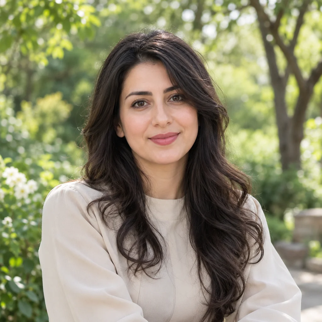 عکس پروفایل دخترانه در باغ سبز با لباس خنثی و نور نرم صبح