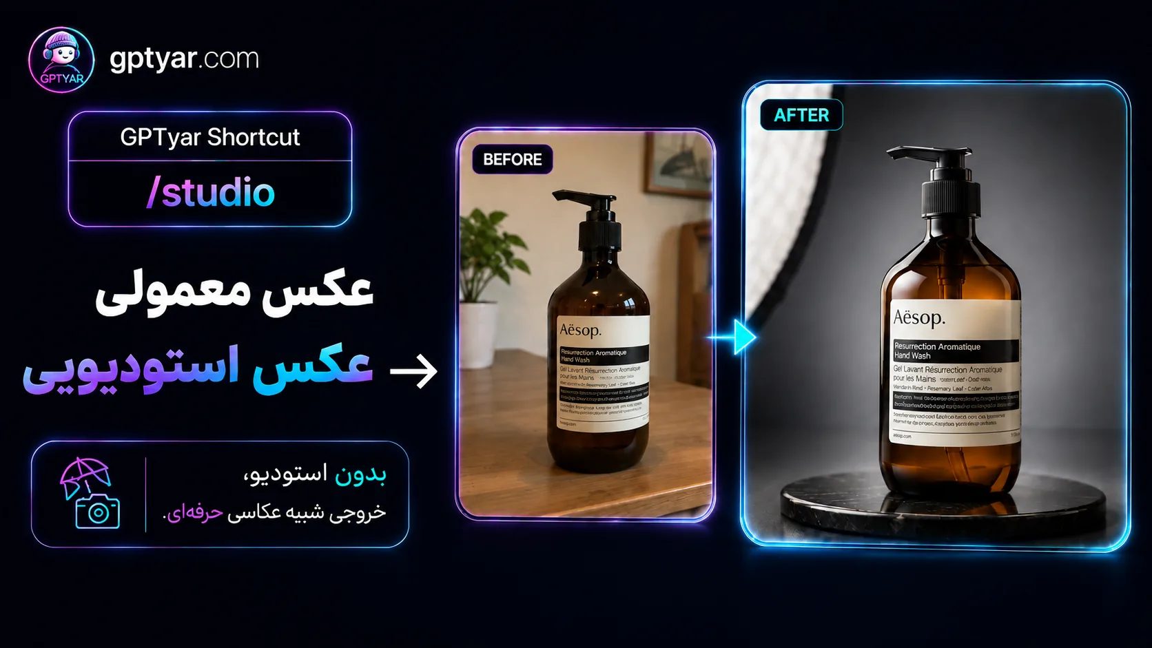 بنر معرفی تبدیل عکس معمولی به عکس استودیویی با ChatGPT و دستور studio در GPTyar