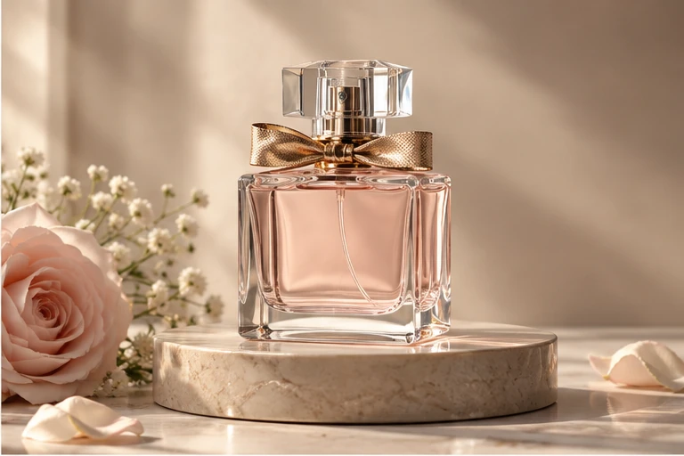 پرامپت آماده عکس تبلیغاتی محصول با هوش مصنوعی؛ شیشه عطر روی سکوی سنگی