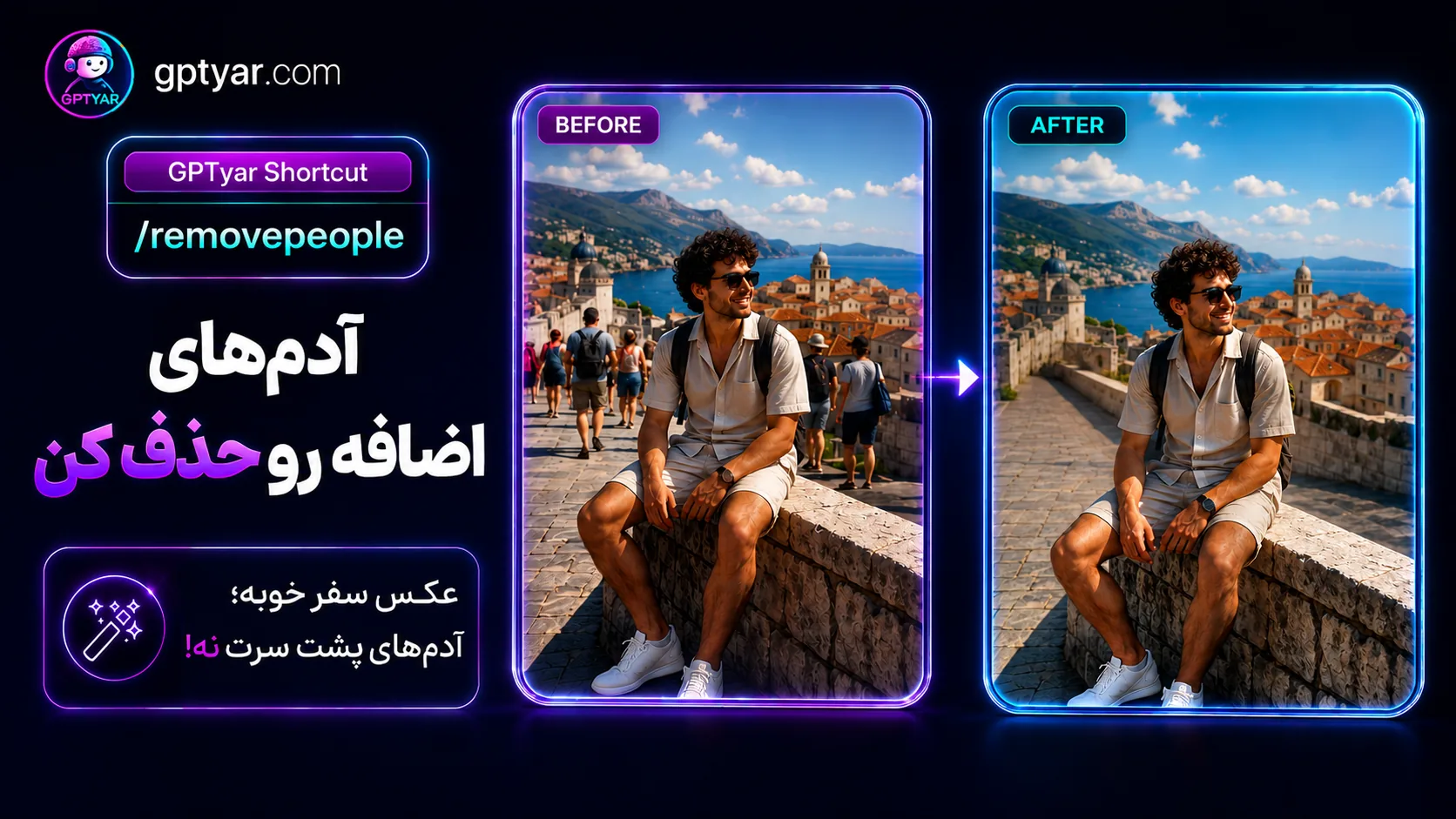 بنر معرفی قابلیت حذف افراد اضافی از عکس با ChatGPT و دستور removepeople در GPTyar