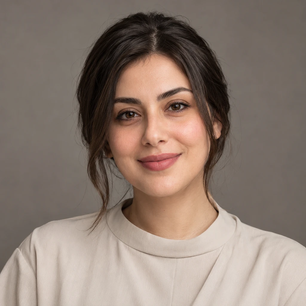 عکس پروفایل طبیعی استودیویی با لباس ساده و پس‌زمینه خاکستری گرم