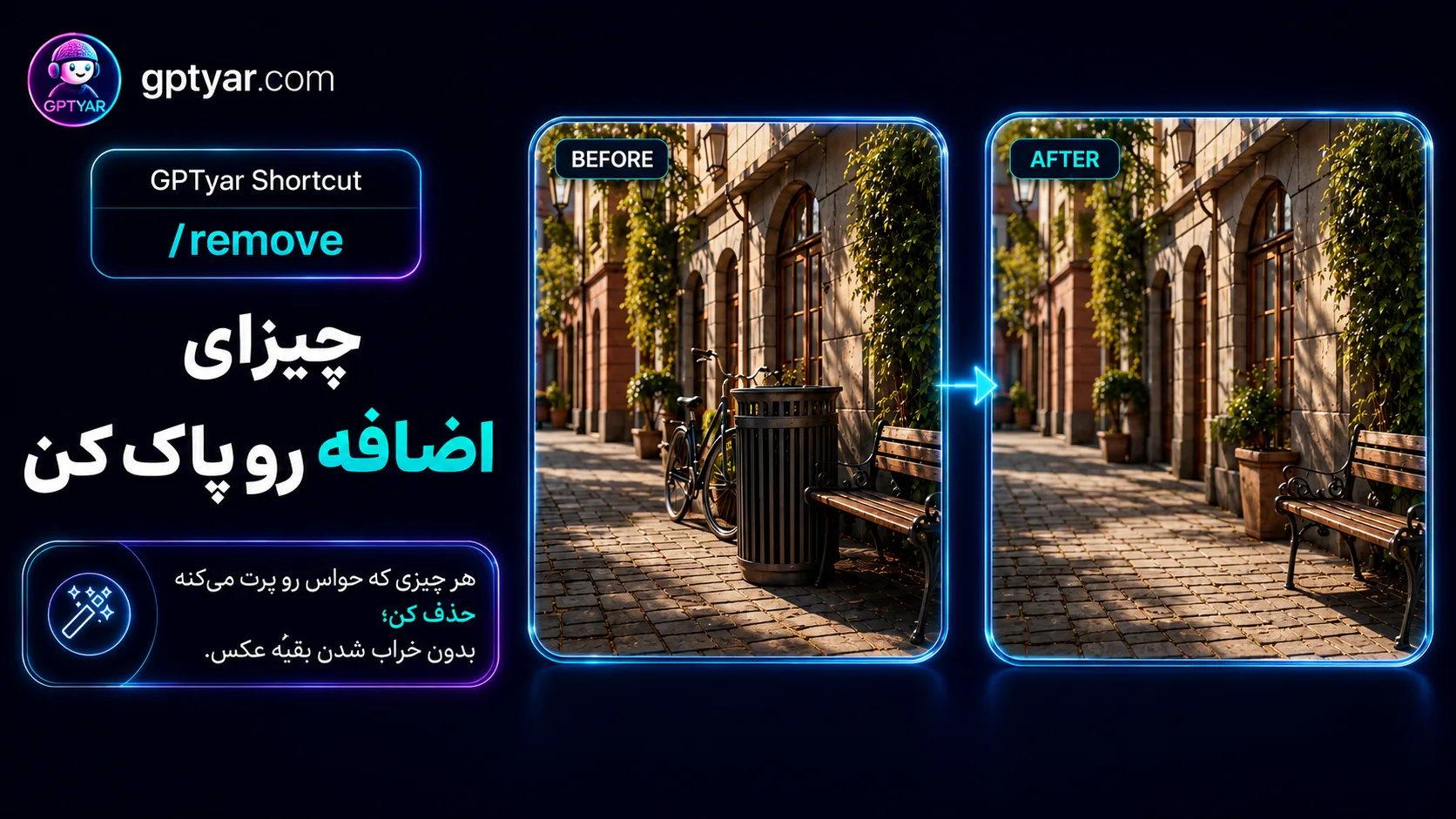 بنر معرفی قابلیت حذف اشیای اضافی از عکس با ChatGPT و دستور remove در GPTyar