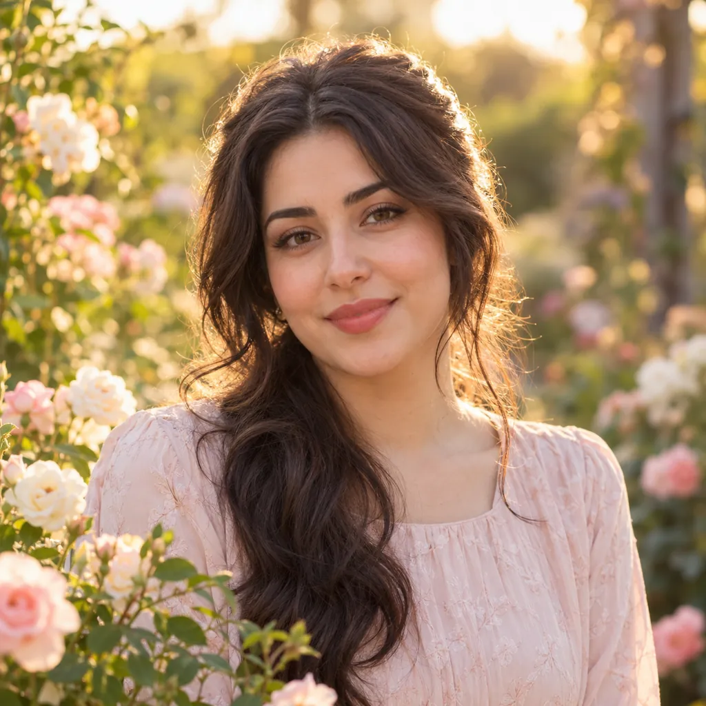 عکس پروفایل دخترانه با گل‌های صورتی و کرم در نور طلایی غروب