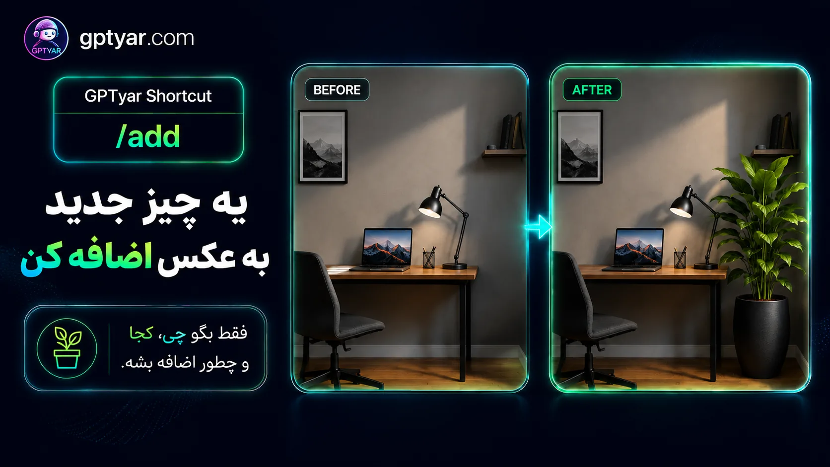 بنر معرفی قابلیت اضافه کردن عناصر جدید به عکس با ChatGPT و دستور add در GPTyar