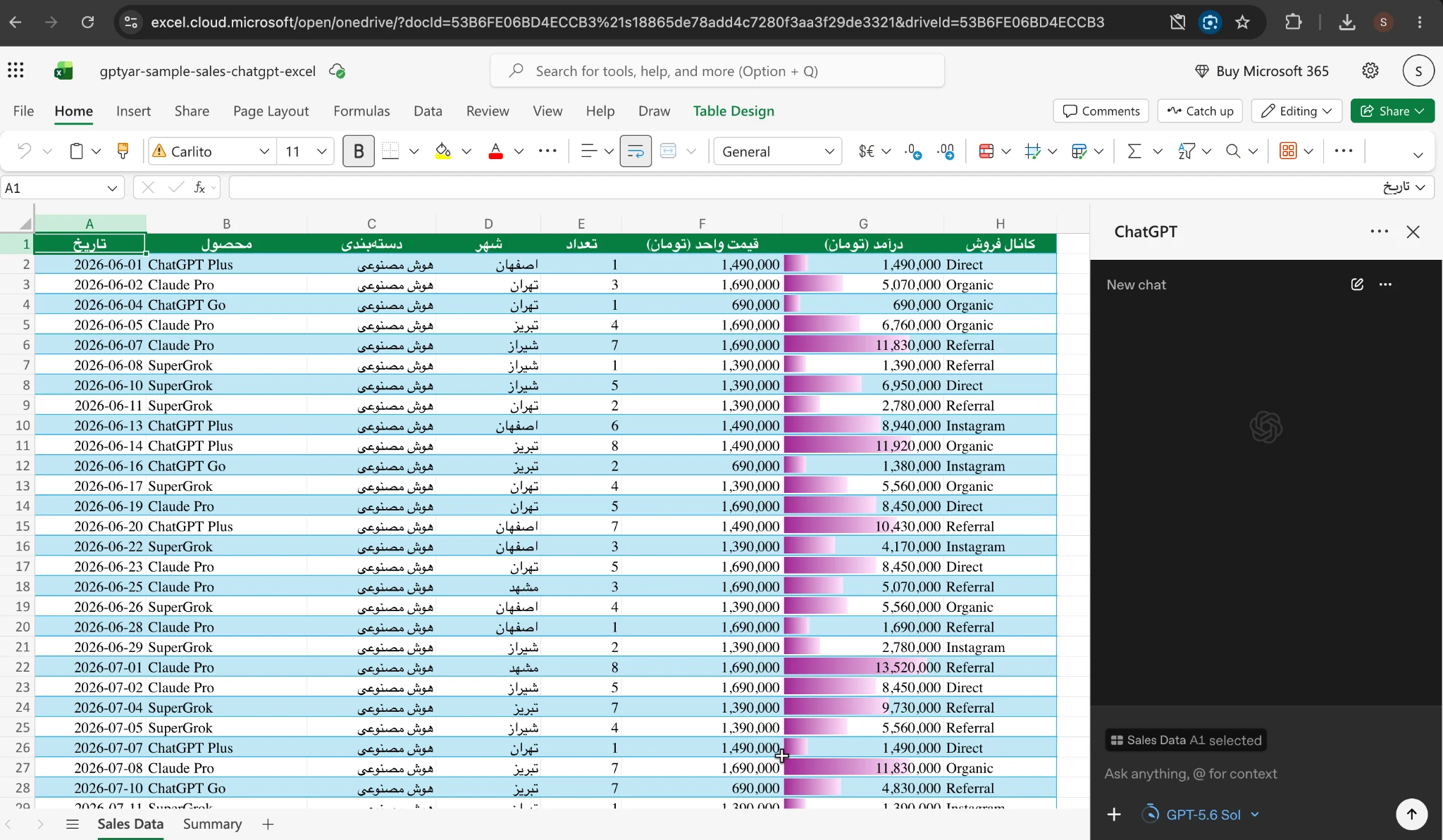 اجرای ChatGPT در Excel و نمایش پنل ChatGPT کنار داده‌های اکسل