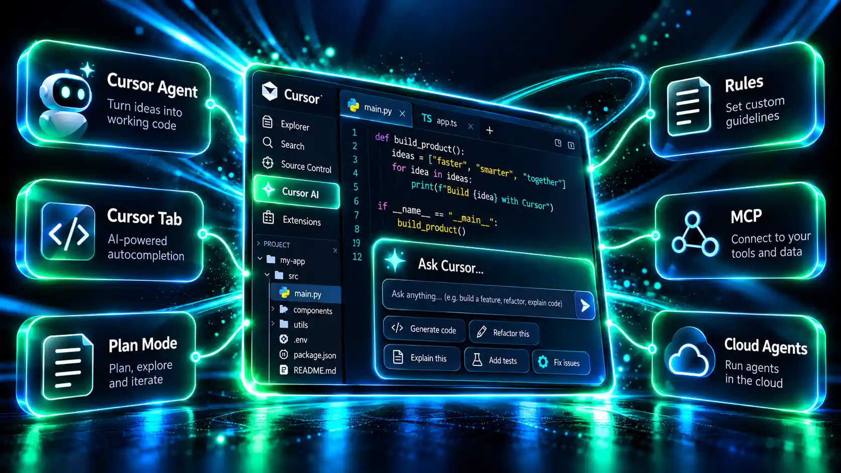 معرفی امکانات هوش مصنوعی Cursor شامل Cursor Agent، Cursor Tab، Plan Mode، Rules، MCP و Cloud Agents