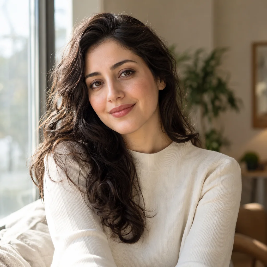 عکس پروفایل دخترانه طبیعی با لباس کرم و نور ملایم پنجره