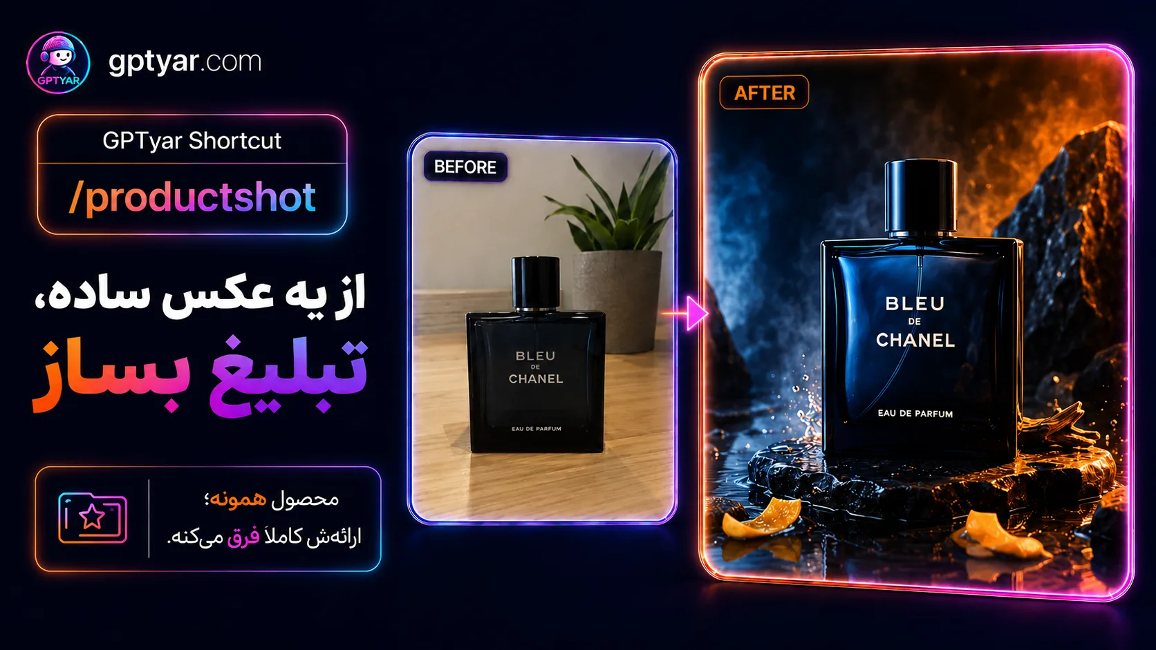 بنر تبدیل عکس ساده محصول به تصویر تبلیغاتی حرفه‌ای با ChatGPT و دستور productshot در GPTyar