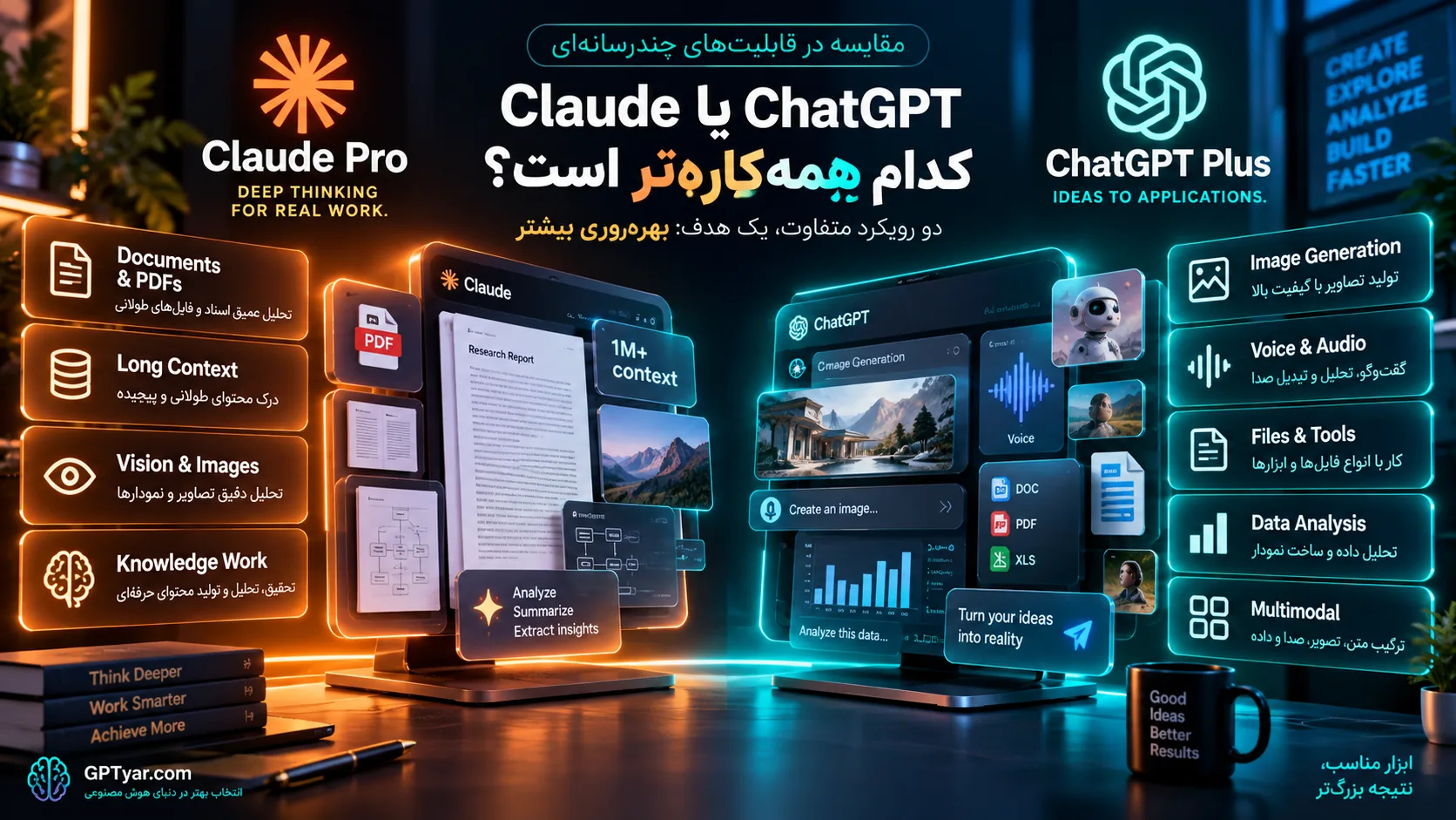 مقایسه قابلیتهای چندرسانهای Claude Pro و ChatGPT Plus برای تصویر، صدا، فایل و تحلیل داده